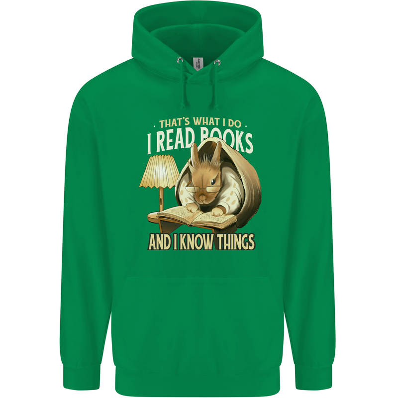 I Read Books & Know Things Bookworm Rabbit Mens 80% Cotton Hoodie Irish Green