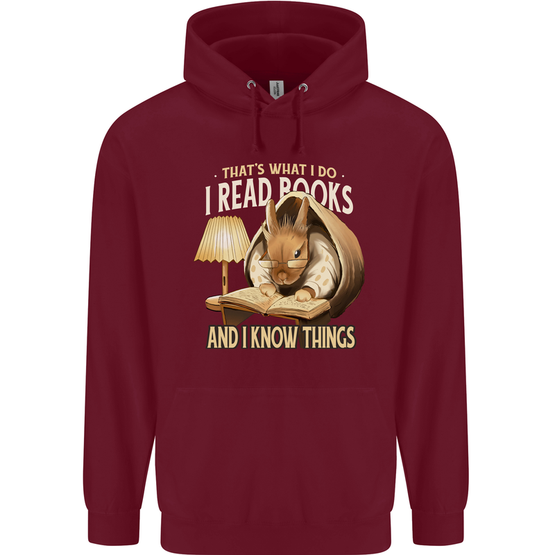 I Read Books & Know Things Bookworm Rabbit Mens 80% Cotton Hoodie Maroon