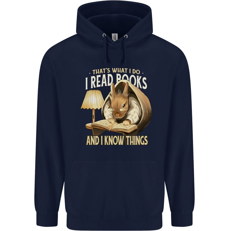 I Read Books & Know Things Bookworm Rabbit Mens 80% Cotton Hoodie Navy Blue