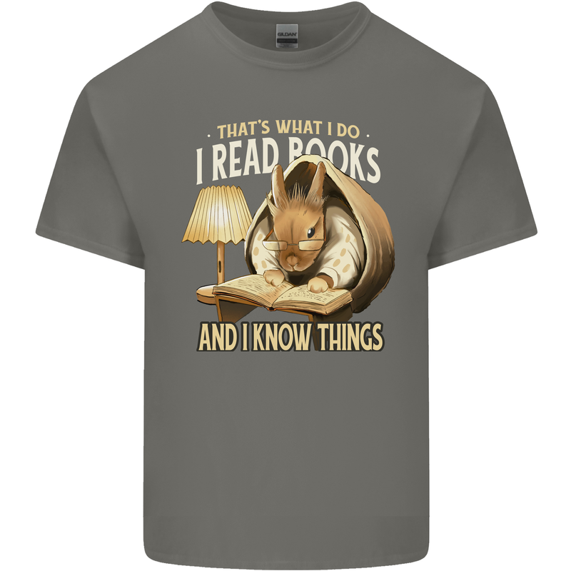 I Read Books & Know Things Bookworm Rabbit Mens Cotton T-Shirt Tee Top Charcoal