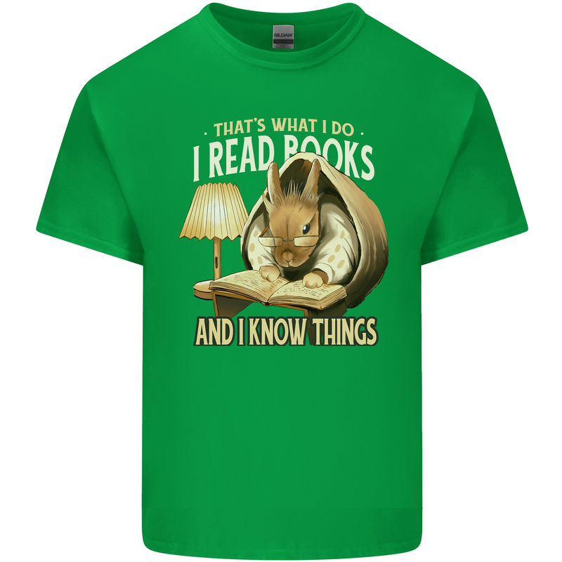 I Read Books & Know Things Bookworm Rabbit Mens Cotton T-Shirt Tee Top Irish Green