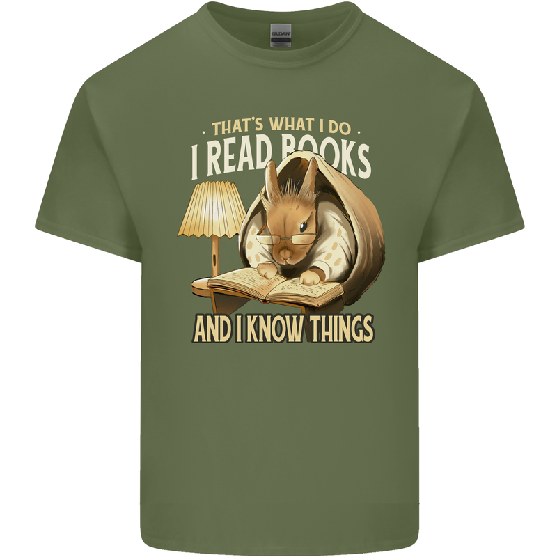 I Read Books & Know Things Bookworm Rabbit Mens Cotton T-Shirt Tee Top Military Green