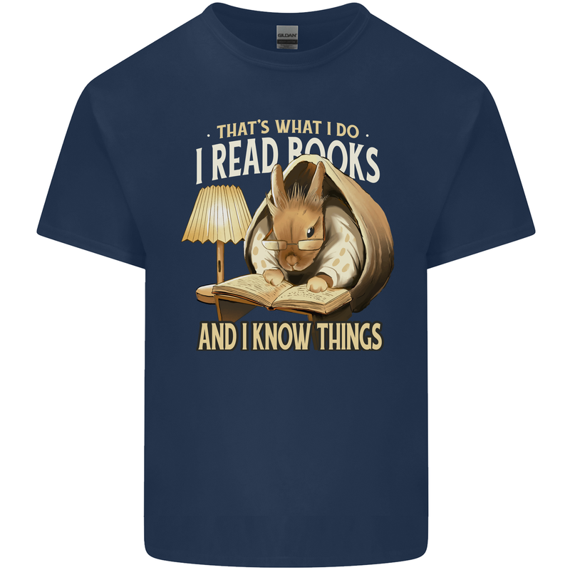 I Read Books & Know Things Bookworm Rabbit Mens Cotton T-Shirt Tee Top Navy Blue