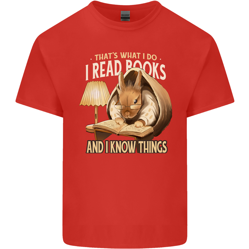 I Read Books & Know Things Bookworm Rabbit Mens Cotton T-Shirt Tee Top Red