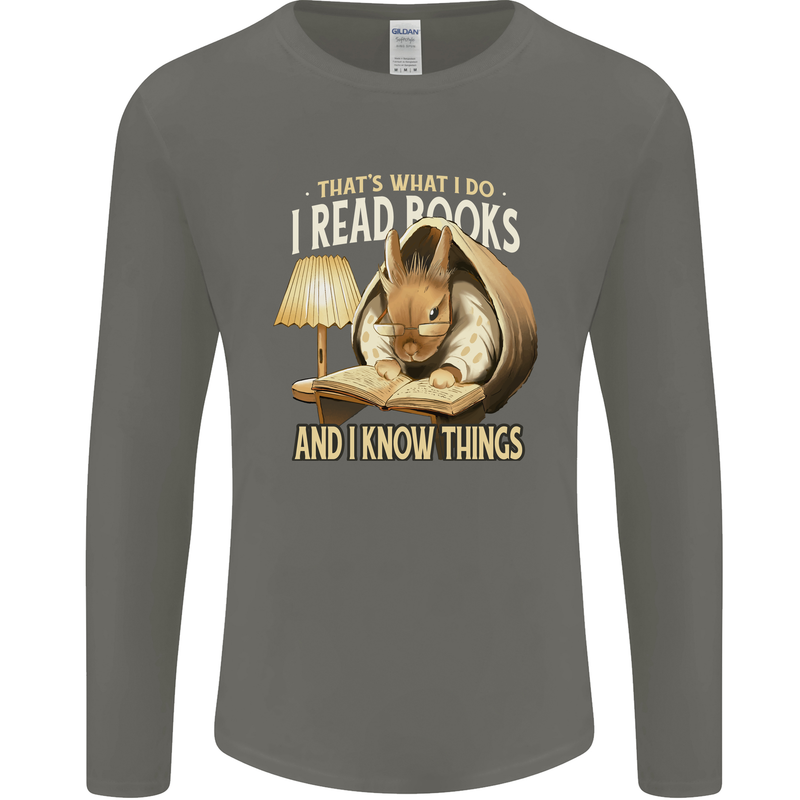 I Read Books & Know Things Bookworm Rabbit Mens Long Sleeve T-Shirt Charcoal