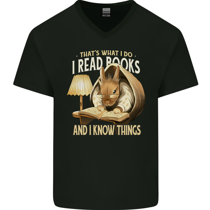 I Read Books & Know Things Bookworm Rabbit Mens V-Neck Cotton T-Shirt Black