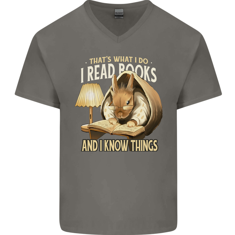 I Read Books & Know Things Bookworm Rabbit Mens V-Neck Cotton T-Shirt Charcoal