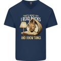 I Read Books & Know Things Bookworm Rabbit Mens V-Neck Cotton T-Shirt Navy Blue