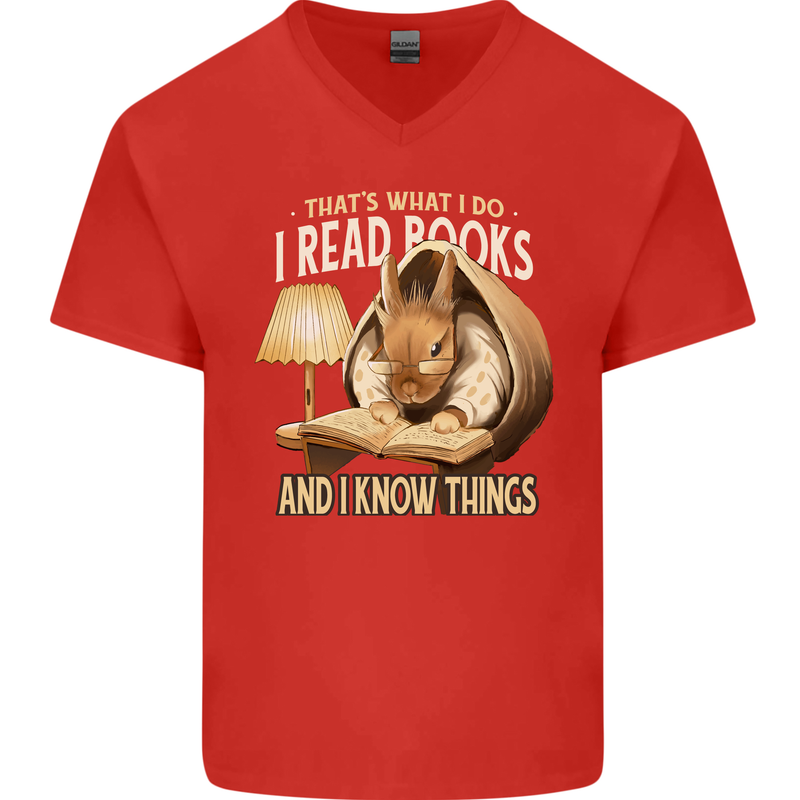 I Read Books & Know Things Bookworm Rabbit Mens V-Neck Cotton T-Shirt Red