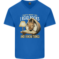 I Read Books & Know Things Bookworm Rabbit Mens V-Neck Cotton T-Shirt Royal Blue