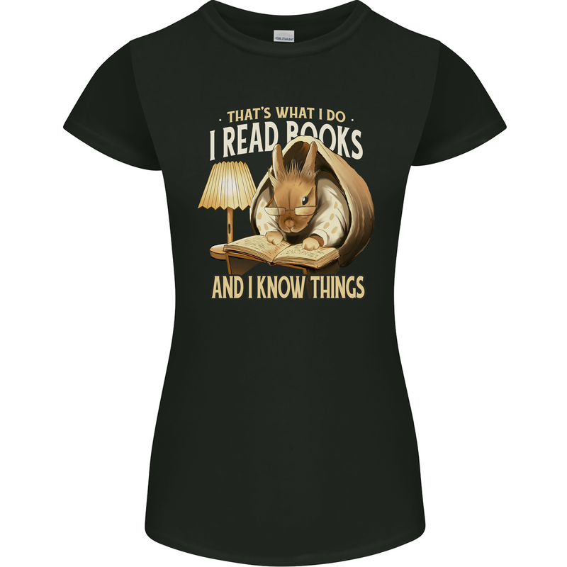 I Read Books & Know Things Bookworm Rabbit Womens Petite Cut T-Shirt Black