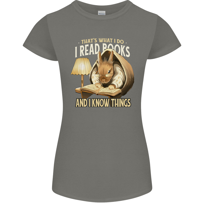 I Read Books & Know Things Bookworm Rabbit Womens Petite Cut T-Shirt Charcoal