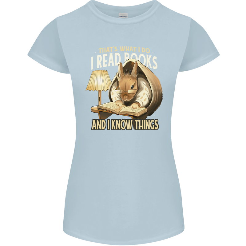 I Read Books & Know Things Bookworm Rabbit Womens Petite Cut T-Shirt Light Blue
