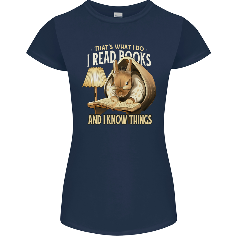 I Read Books & Know Things Bookworm Rabbit Womens Petite Cut T-Shirt Navy Blue