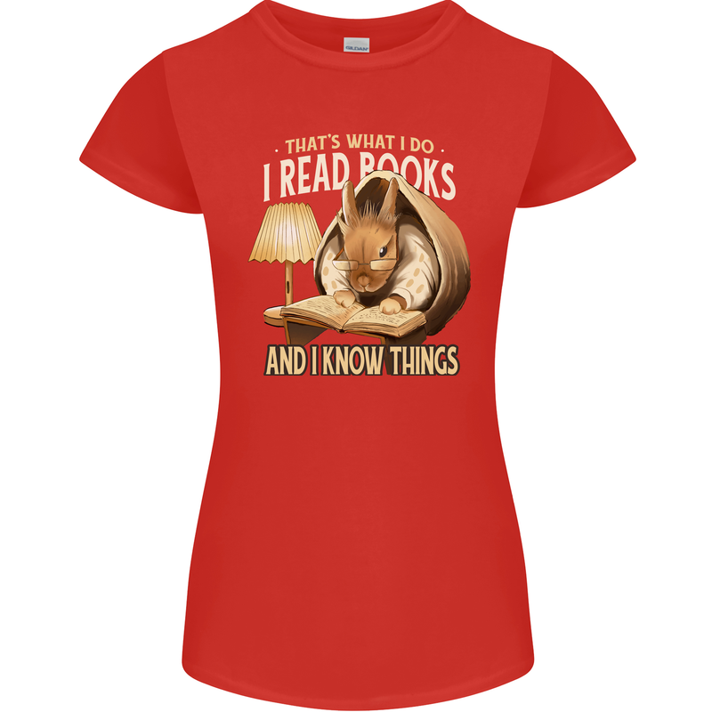 I Read Books & Know Things Bookworm Rabbit Womens Petite Cut T-Shirt Red