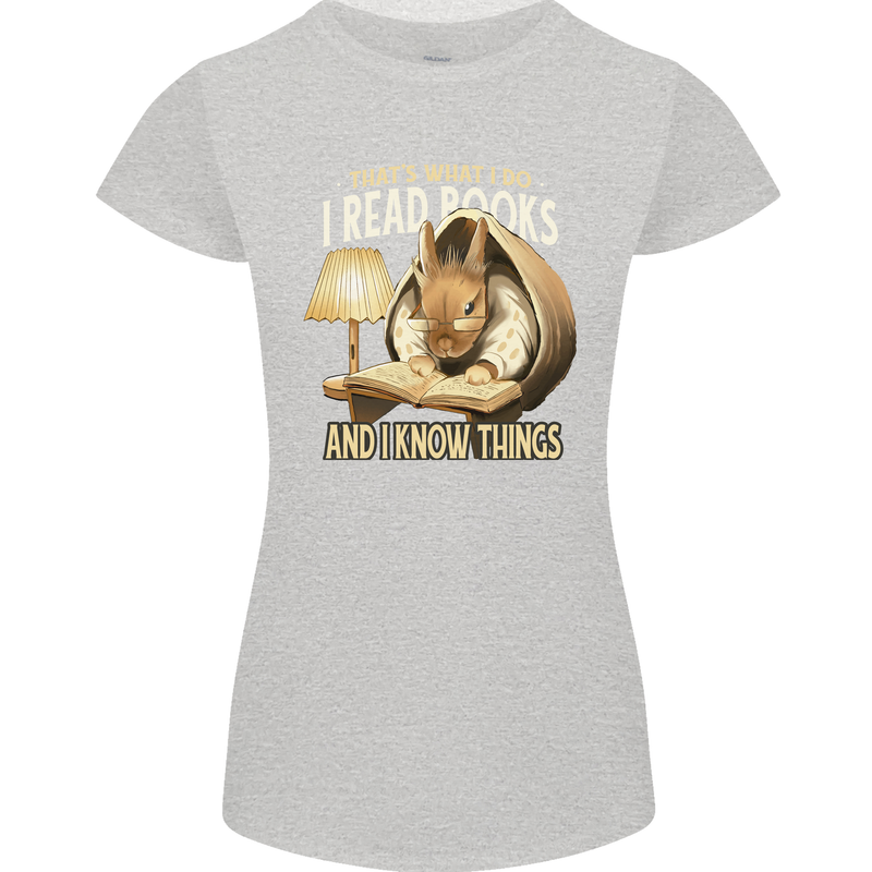 I Read Books & Know Things Bookworm Rabbit Womens Petite Cut T-Shirt Sports Grey