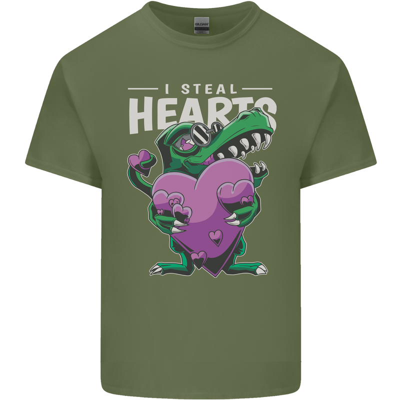 I Steal Hearts Funny T-Rex Dinosaur Mens Cotton T-Shirt Tee Top Military Green