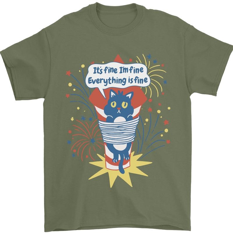 I'm Fine Funny at Fireworks Bonfire Day July 4th Mens T-Shirt 100% Cotton Military Green