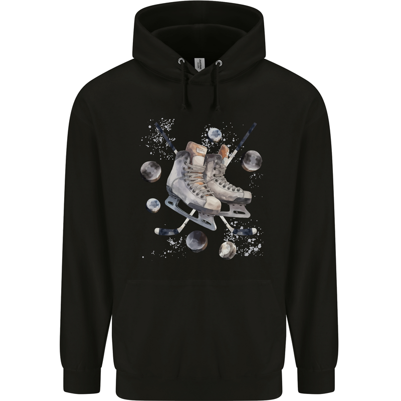 Ice Hockey Boots Stick & Pucks Mens 80% Cotton Hoodie Black