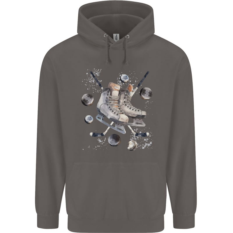 Ice Hockey Boots Stick & Pucks Mens 80% Cotton Hoodie Charcoal