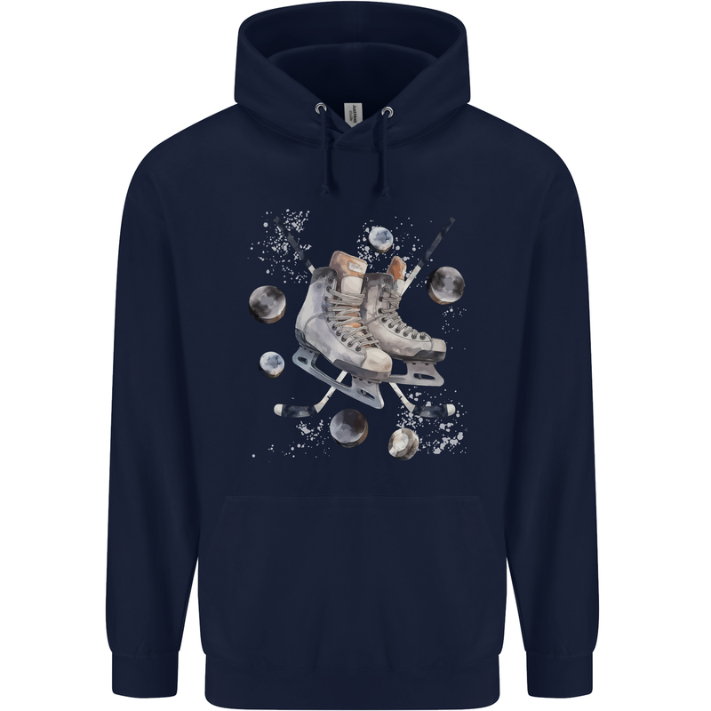 Ice Hockey Boots Stick & Pucks Mens 80% Cotton Hoodie Navy Blue