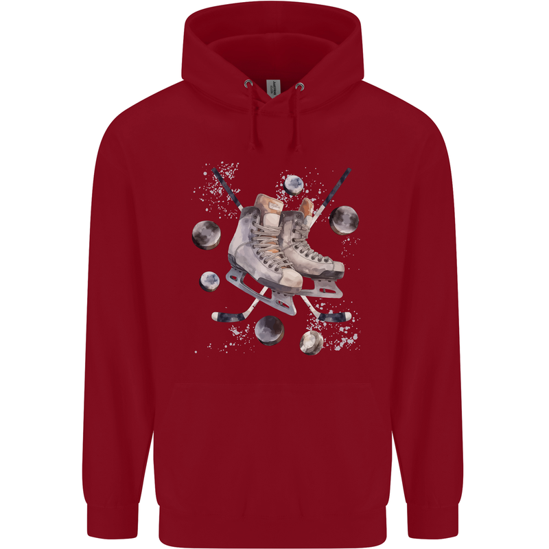 Ice Hockey Boots Stick & Pucks Mens 80% Cotton Hoodie Red