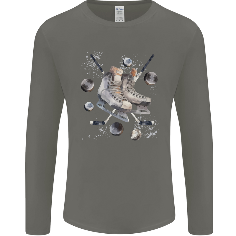 Ice Hockey Boots Stick & Pucks Mens Long Sleeve T-Shirt Charcoal