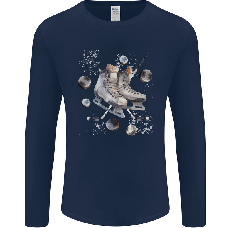 Ice Hockey Boots Stick & Pucks Mens Long Sleeve T-Shirt Navy Blue