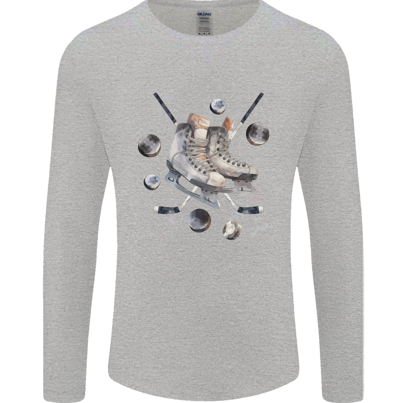 Ice Hockey Boots Stick & Pucks Mens Long Sleeve T-Shirt Sports Grey