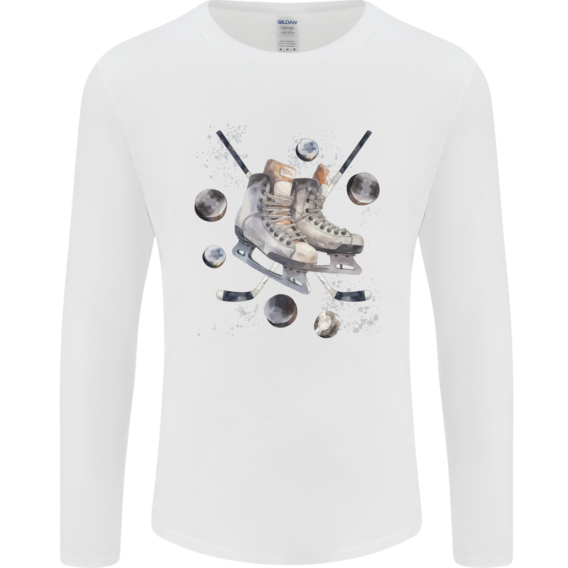 Ice Hockey Boots Stick & Pucks Mens Long Sleeve T-Shirt White