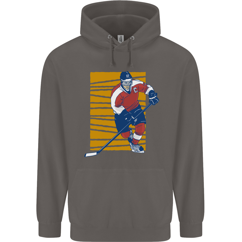 Ice Hockey Player Mens 80% Cotton Hoodie Charcoal