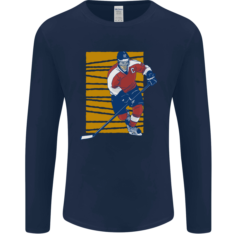 Ice Hockey Player Mens Long Sleeve T-Shirt Navy Blue