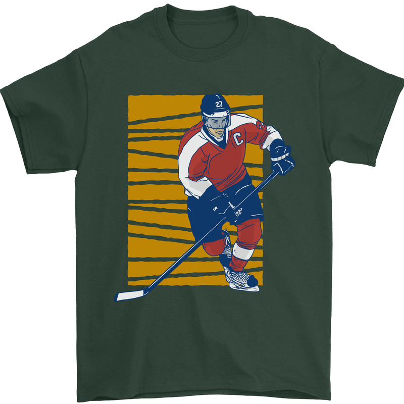 Ice Hockey Player Mens T-Shirt 100% Cotton Forest Green