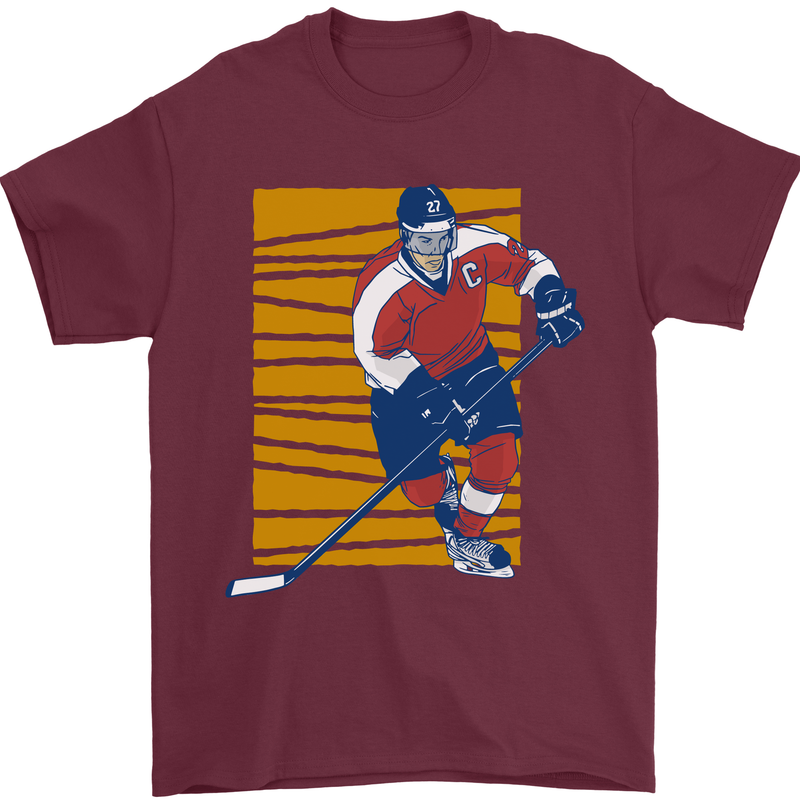 Ice Hockey Player Mens T-Shirt 100% Cotton Maroon