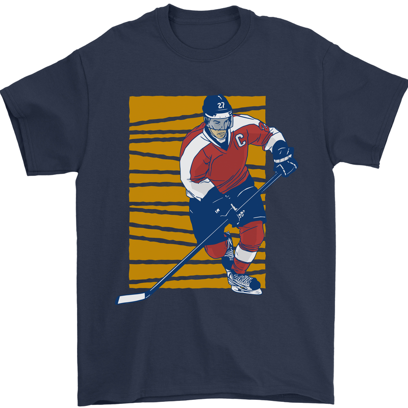 Ice Hockey Player Mens T-Shirt 100% Cotton Navy Blue
