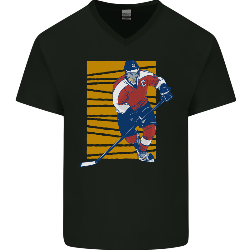 Ice Hockey Player Mens V-Neck Cotton T-Shirt Black