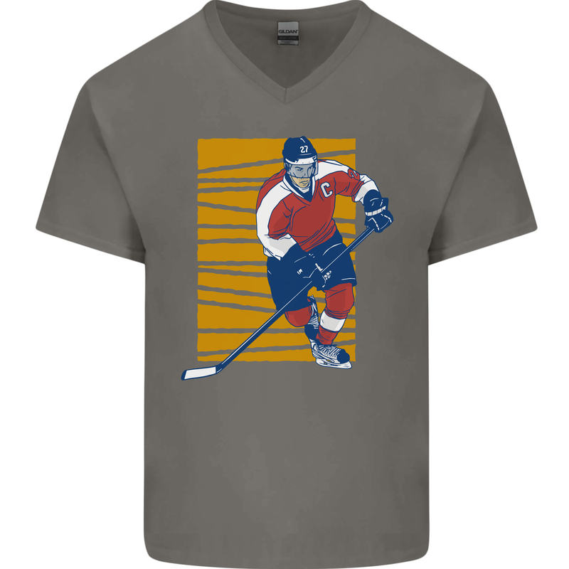 Ice Hockey Player Mens V-Neck Cotton T-Shirt Charcoal