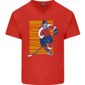 Ice Hockey Player Mens V-Neck Cotton T-Shirt Red