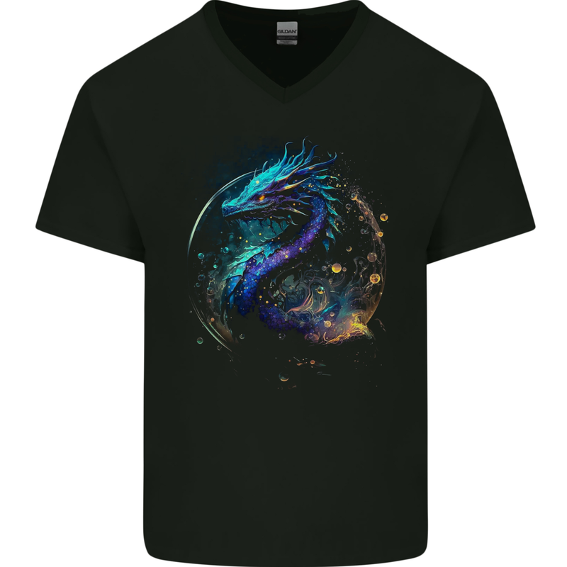 Ice Water Dragon Mens V-Neck Cotton T-Shirt Black