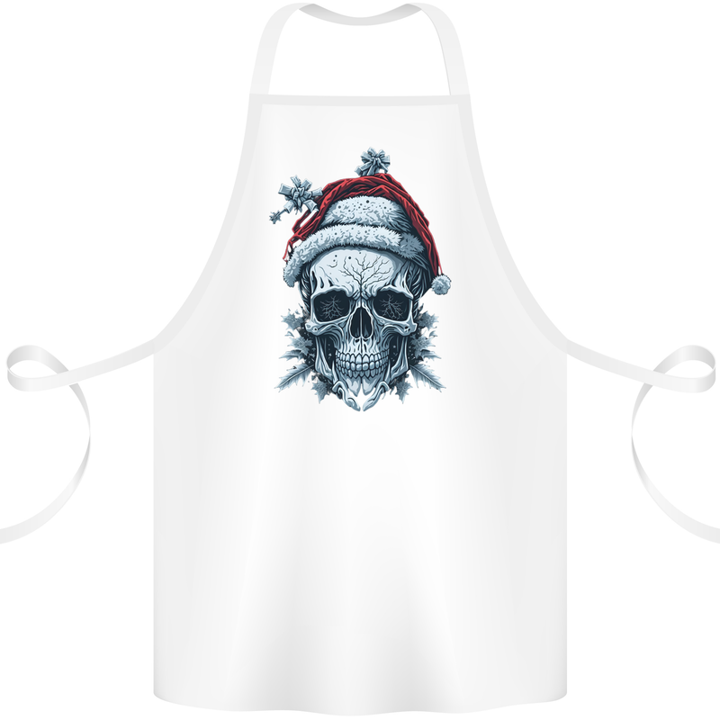 Icy Christmas Skull Wearing an Xmas Hat Cotton Apron 100% Organic White