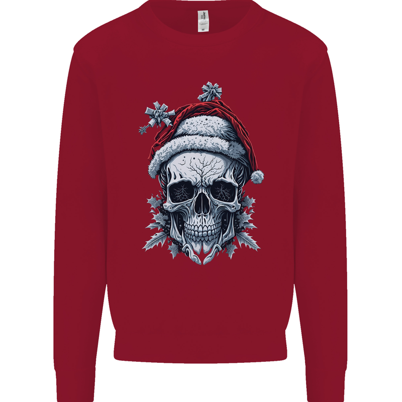 Icy Christmas Skull Wearing an Xmas Hat Kids Sweatshirt Jumper Red