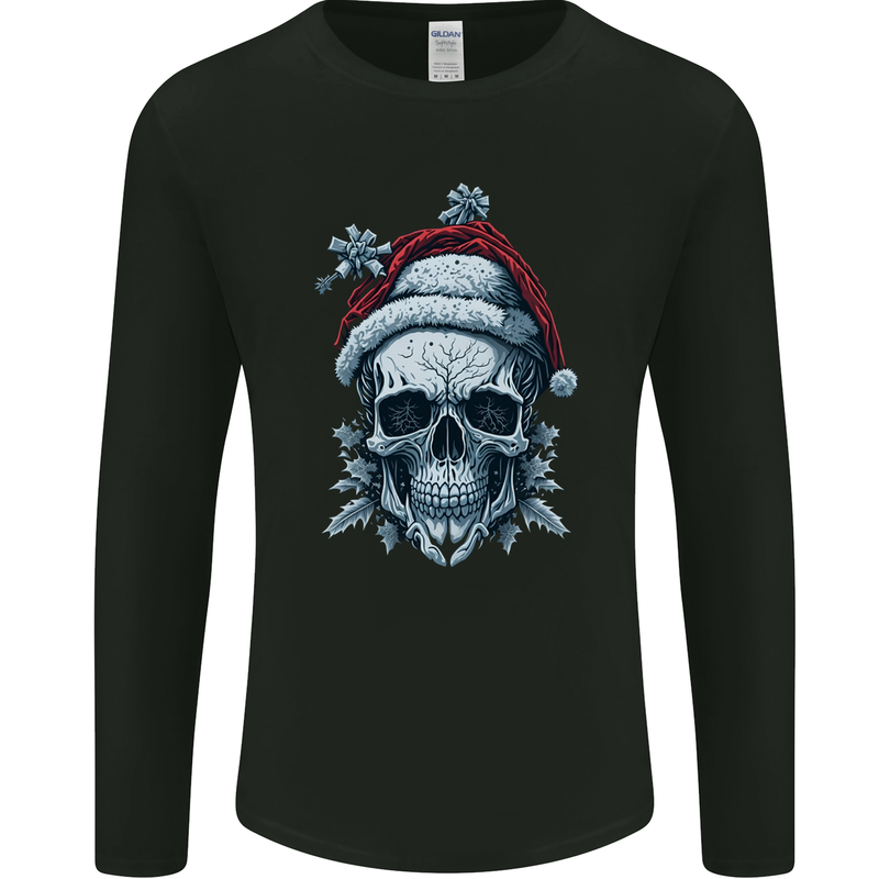 Icy Christmas Skull Wearing an Xmas Hat Mens Long Sleeve T-Shirt Black
