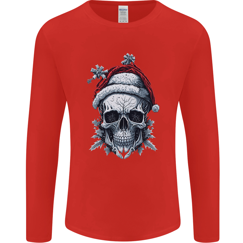 Icy Christmas Skull Wearing an Xmas Hat Mens Long Sleeve T-Shirt Red