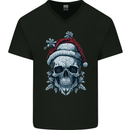 Icy Christmas Skull Wearing an Xmas Hat Mens V-Neck Cotton T-Shirt Black