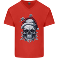 Icy Christmas Skull Wearing an Xmas Hat Mens V-Neck Cotton T-Shirt Red
