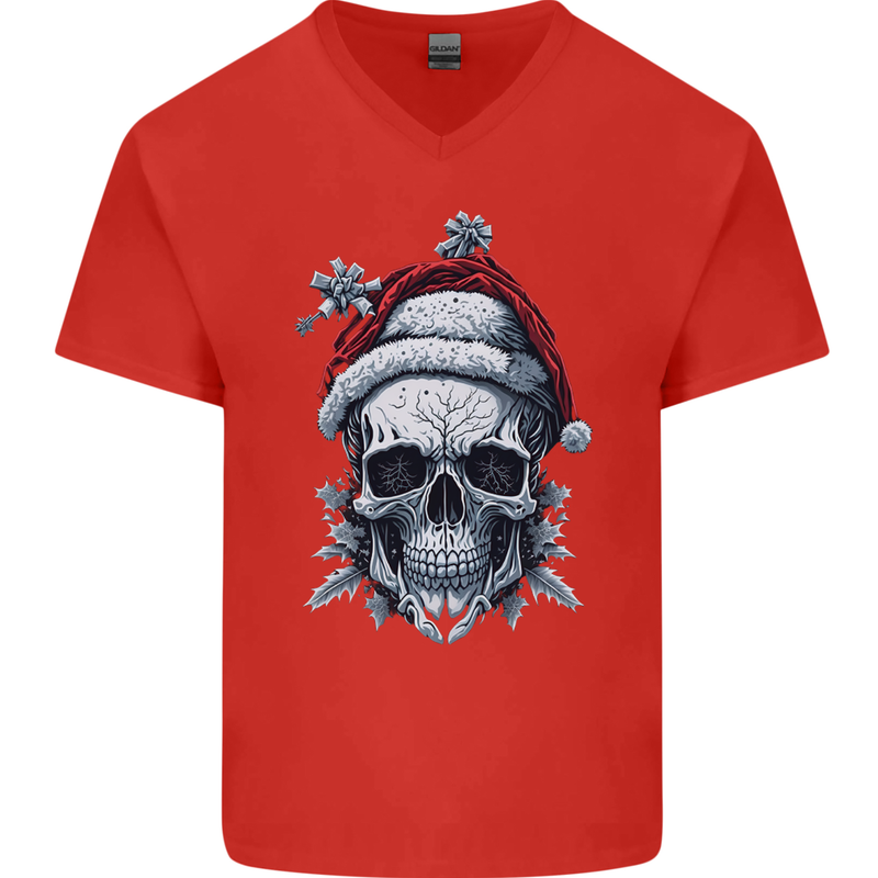 Icy Christmas Skull Wearing an Xmas Hat Mens V-Neck Cotton T-Shirt Red