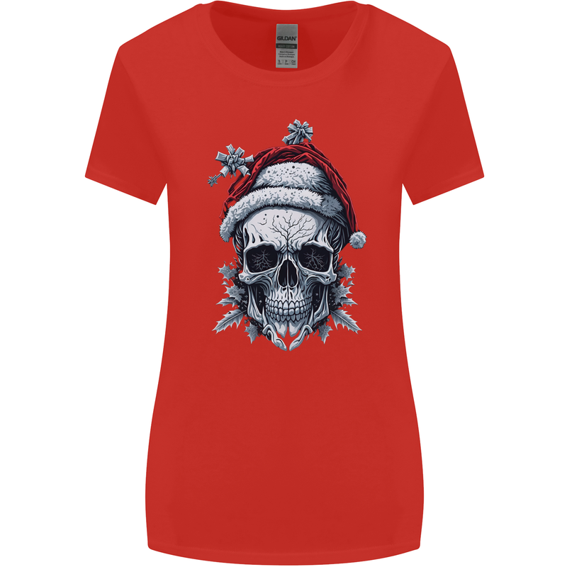 Icy Christmas Skull Wearing an Xmas Hat Womens Wider Cut T-Shirt Red