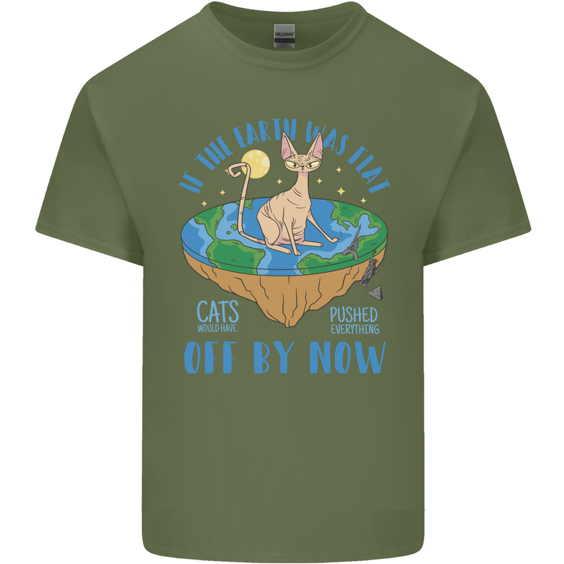 If the Earth Was Flat Funny Cats Society Mens Cotton T-Shirt Tee Top Military Green