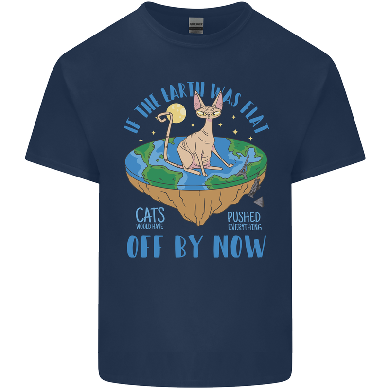 If the Earth Was Flat Funny Cats Society Mens Cotton T-Shirt Tee Top Navy Blue