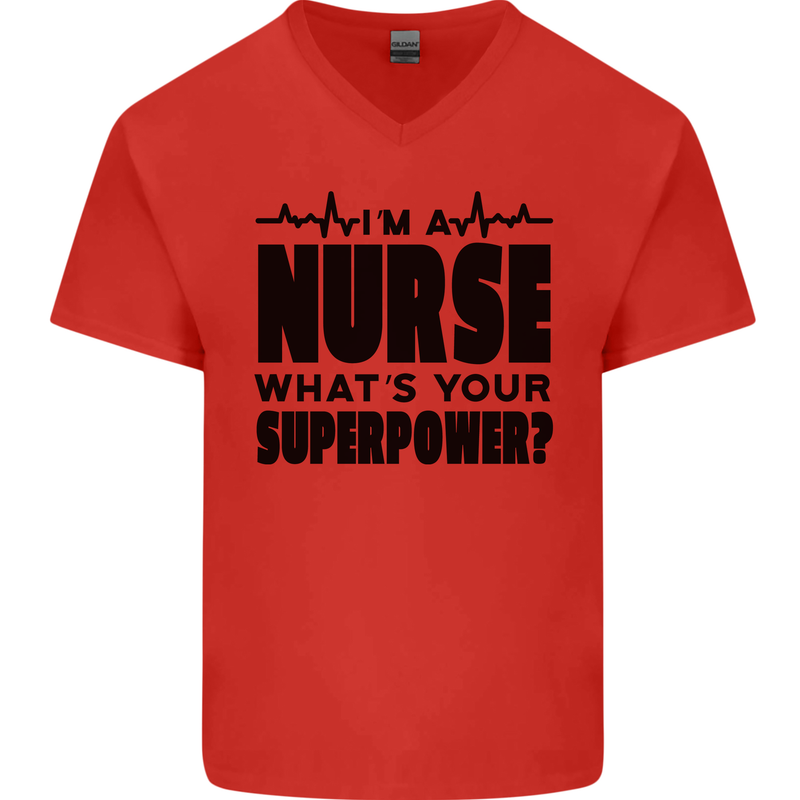 Im a Nurse Whats Your Superpower Nursing Mens V-Neck Cotton T-Shirt Red